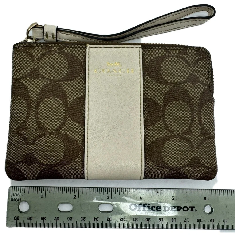 Coach Corner Zip Wristlet In Signature Canvas Color: Gold/KHAKI/CHALK